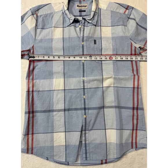 Barbour Short Sleeve Button Down Sky Blue Blocked Men’s Short Size Large - Picture 5 of 6